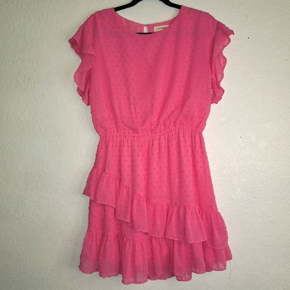 eesome Dresses & Skirts - Eesome  Pink Swiss Dot Overlay Stretch Waist Ruffle Sleeve Dress Size Small